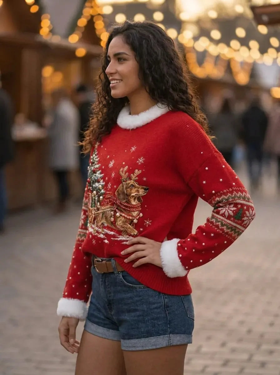 Hauts décoratifs de Noël pour femmes avec nœud et col rond