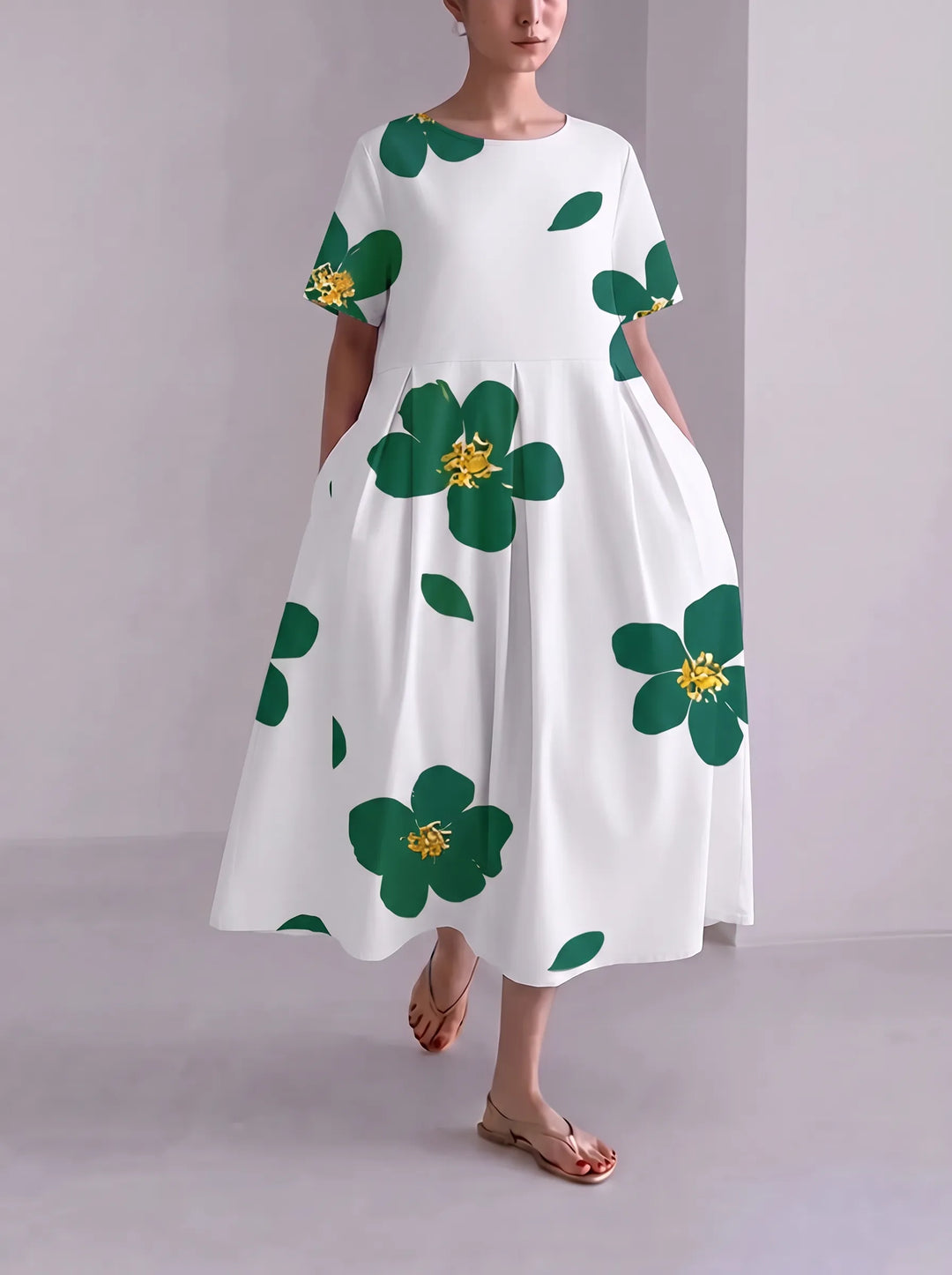 Floria | Robe fleurie vive pour femme avec encolure ronde et manches courtes
