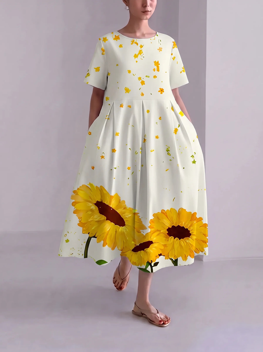 Floria | Robe fleurie vive pour femme avec encolure ronde et manches courtes