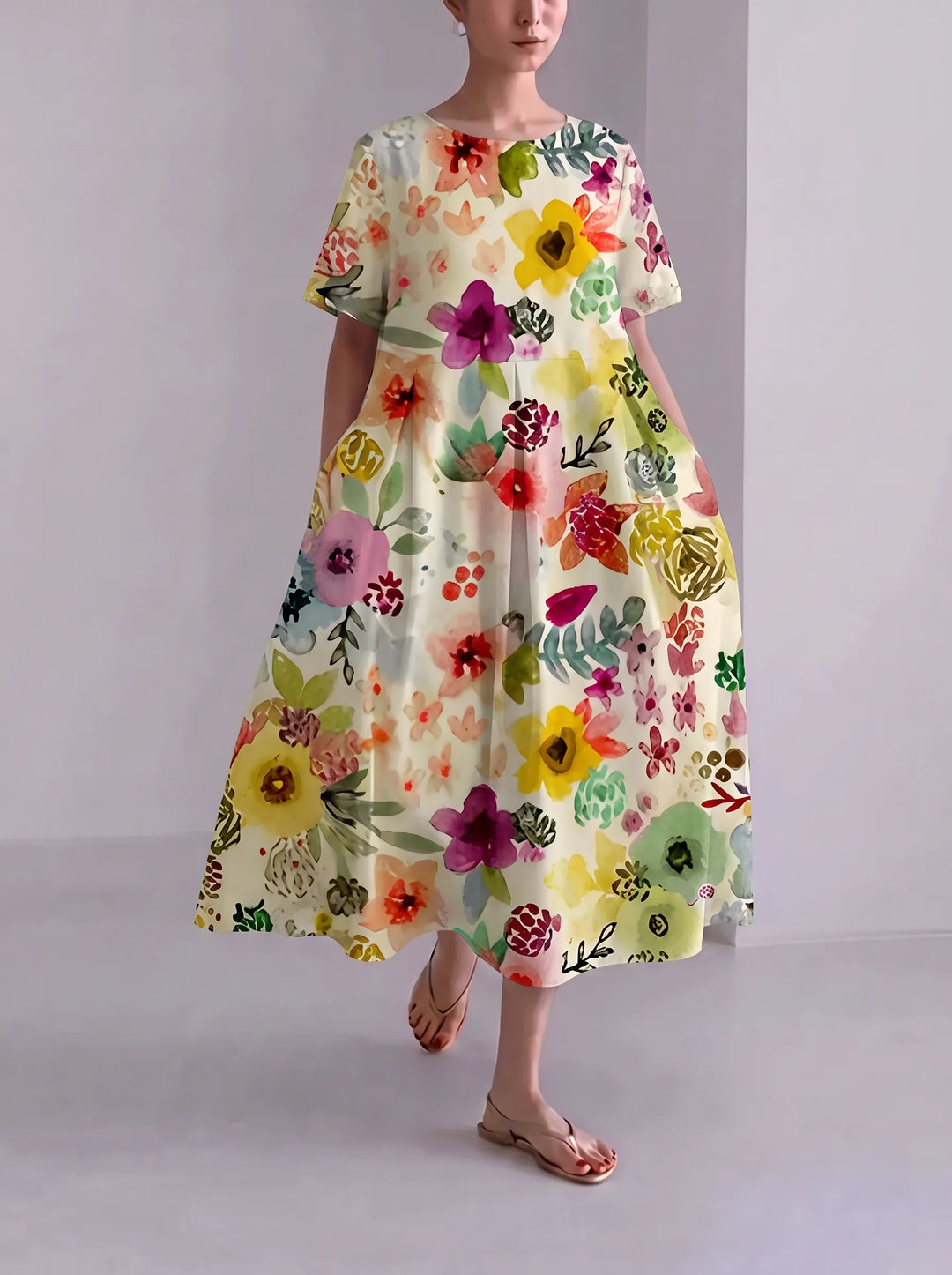 Floria | Robe fleurie vive pour femme avec encolure ronde et manches courtes