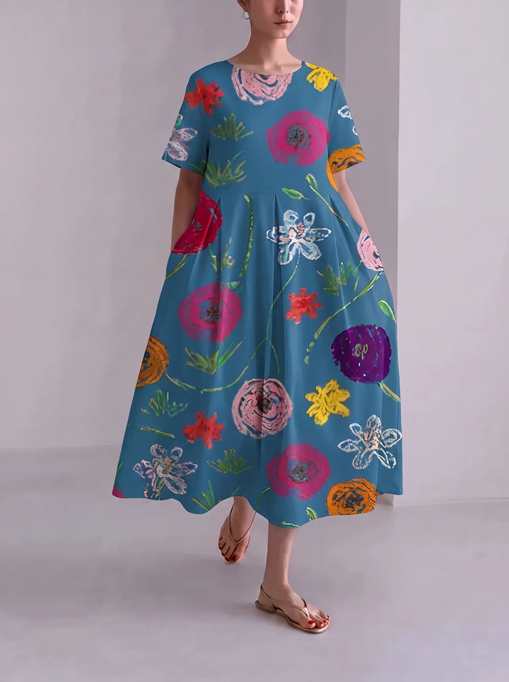 Floria | Robe fleurie vive pour femme avec encolure ronde et manches courtes