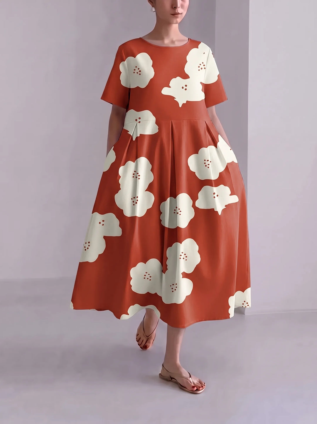 Floria | Robe fleurie vive pour femme avec encolure ronde et manches courtes