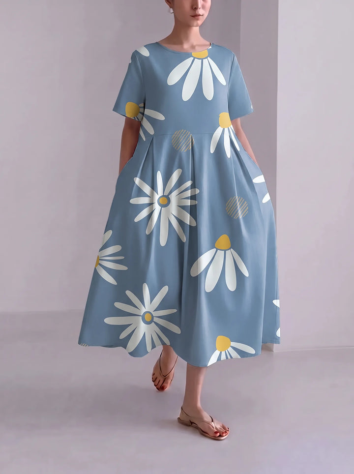 Floria | Robe fleurie vive pour femme avec encolure ronde et manches courtes