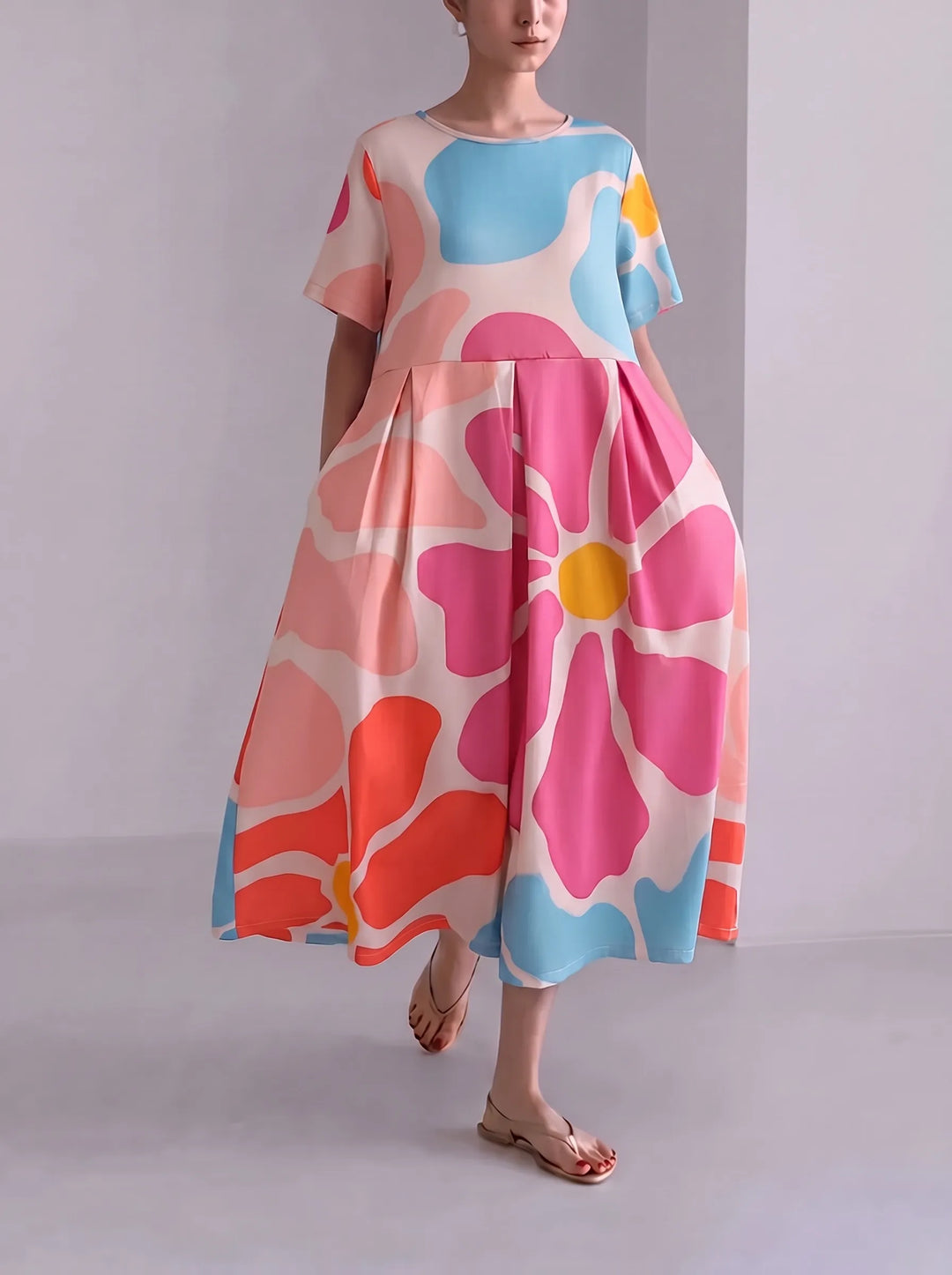 Floria | Robe fleurie vive pour femme avec encolure ronde et manches courtes