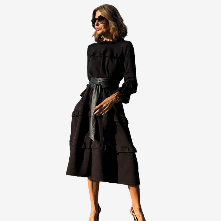 Lauren Midi-Rock für Damen mit Volants, Rundhalsausschnitt und langen Ärmeln