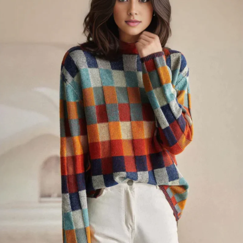 Darby | Bunter Strickpullover für Damen mit Karomuster und Rundhalsausschnitt
