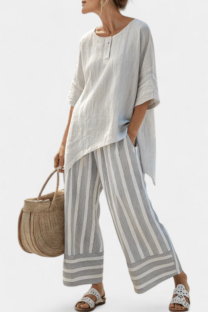 Fiorella | elegante asymmetrische Bluse und gestreifte Hose