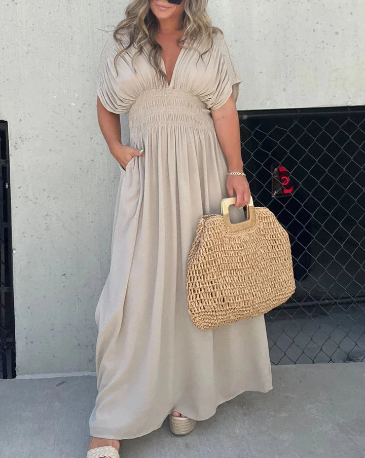 Barbara | Elegantes Maxikleid für Damen mit V-Ausschnitt und kurzen Ärmeln