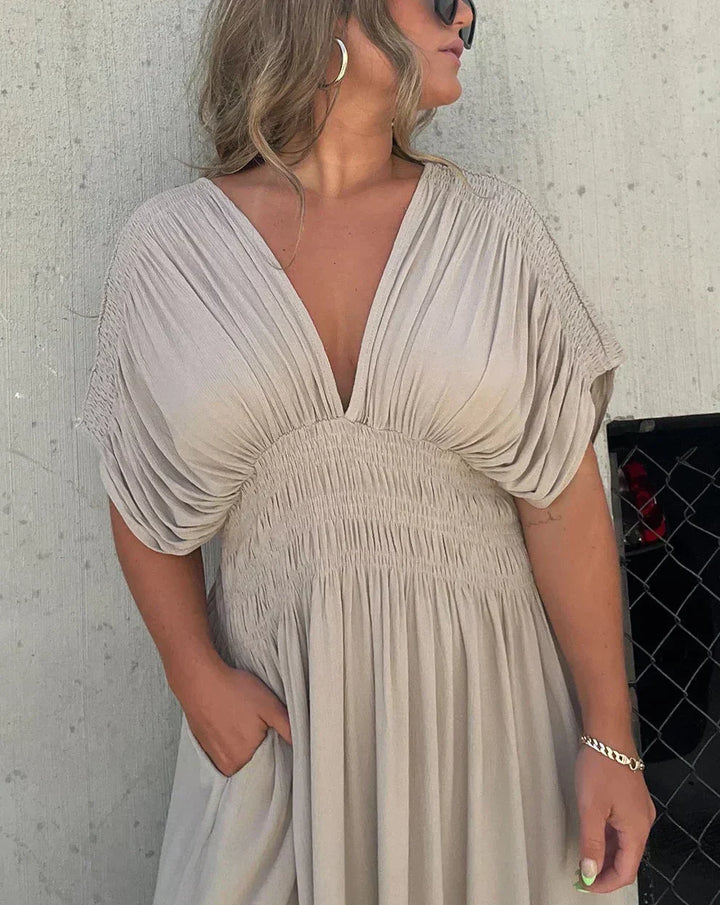 Barbara | Elegantes Maxikleid für Damen mit V-Ausschnitt und kurzen Ärmeln