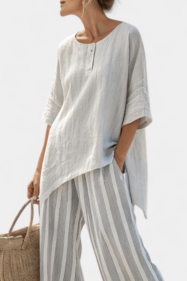 Fiorella | elegante asymmetrische Bluse und gestreifte Hose