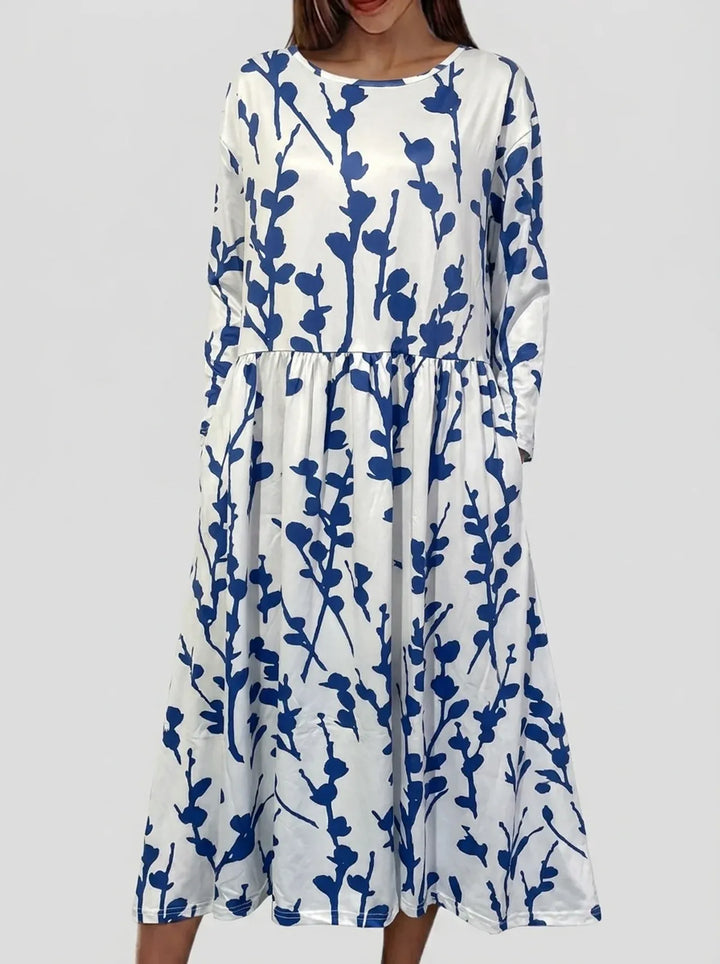 Sela | Küstenblumen Midi Kleid für Damen mit Rundhalsausschnitt und kurzen Ärmeln