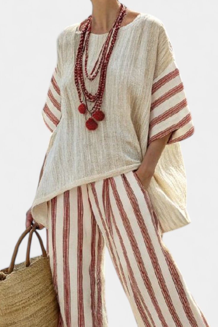 Rosalinda | elegantes rustikales Streifenoberteil und crema Hose