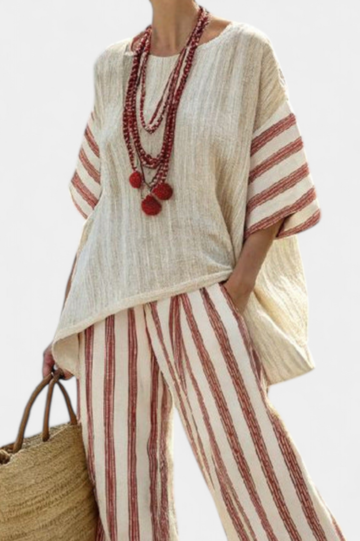 Rosalinda | elegantes rustikales Streifenoberteil und crema Hose
