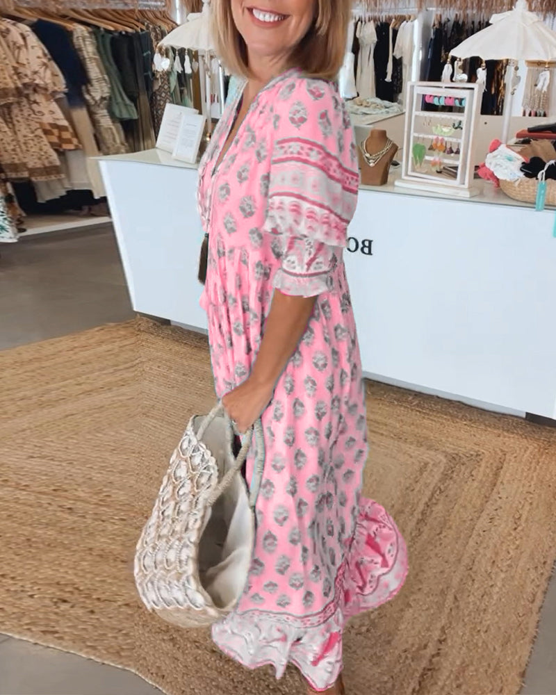 Verity | Bohemian Midikleid für Damen mit Blumenmuster und V-Ausschnitt