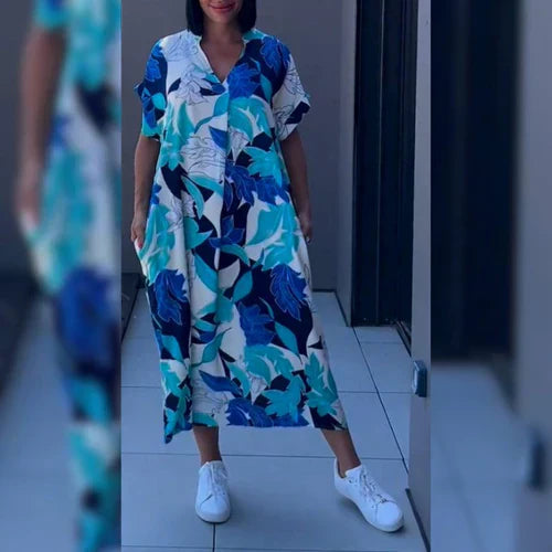 Elena | Elegantes Blumenkleid für Damen mit V-Ausschnitt und kurzen Ärmeln