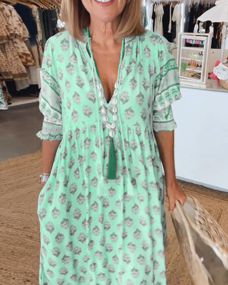 Verity | Bohemian Midikleid für Damen mit Blumenmuster und V-Ausschnitt
