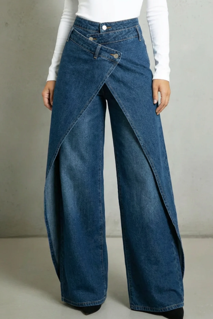 Vintage-inspirierte High-Waisted Denim-Jeans für Damen mit Rüschenbund und Bindegürtel