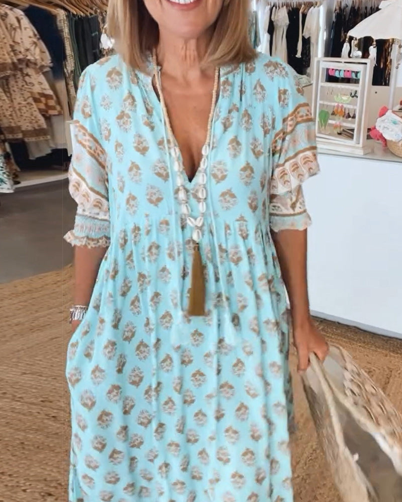 Verity | Bohemian Midikleid für Damen mit Blumenmuster und V-Ausschnitt