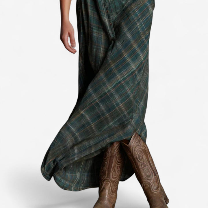 Cécile Maxi Chemise Zeitlos Kleid für Damen mit langen Ärmeln und Karomuster