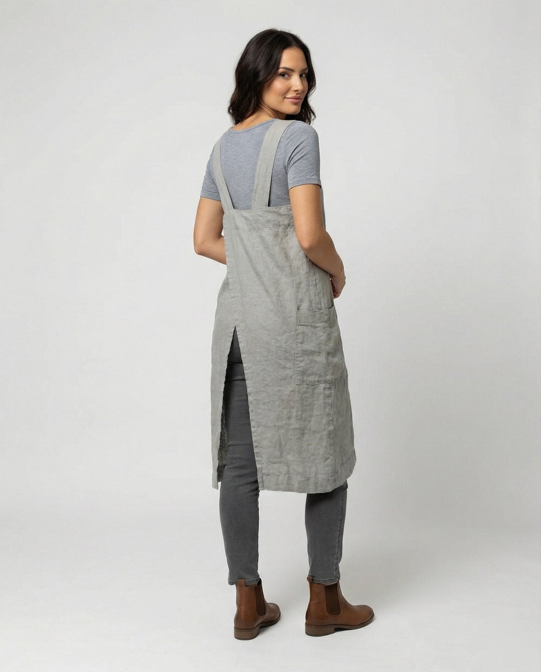 Frida | Damen Midi-Schürzenkleid mit eckigem Ausschnitt und Taschen