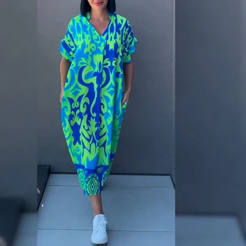 Elena | Elegantes Blumenkleid für Damen mit V-Ausschnitt und kurzen Ärmeln