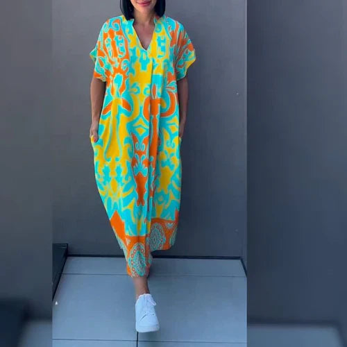 Elena | Elegantes Blumenkleid für Damen mit V-Ausschnitt und kurzen Ärmeln