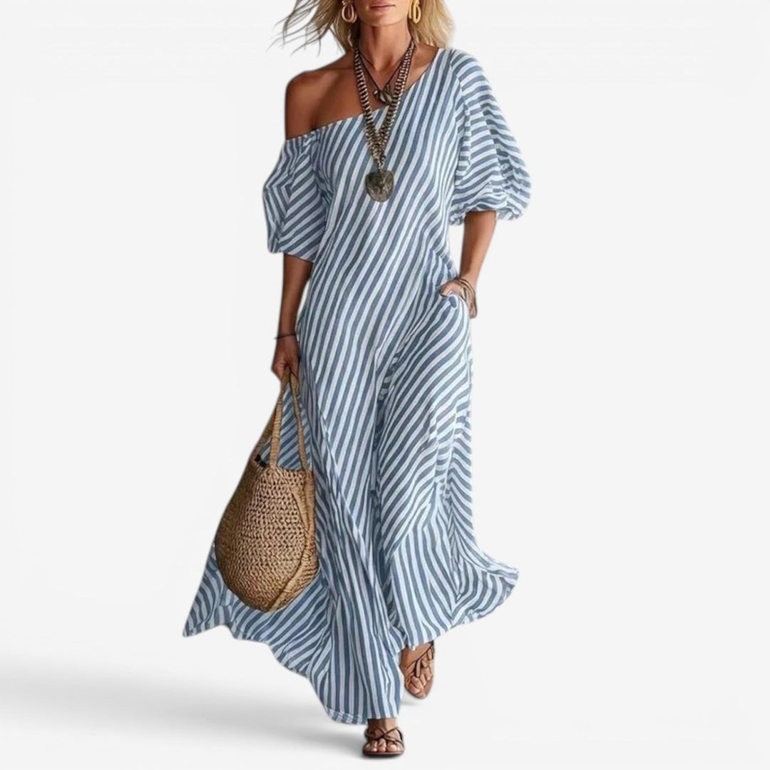 Sofia | Damen Streifen-Maxikleid mit Off-Shoulder-Ausschnitt