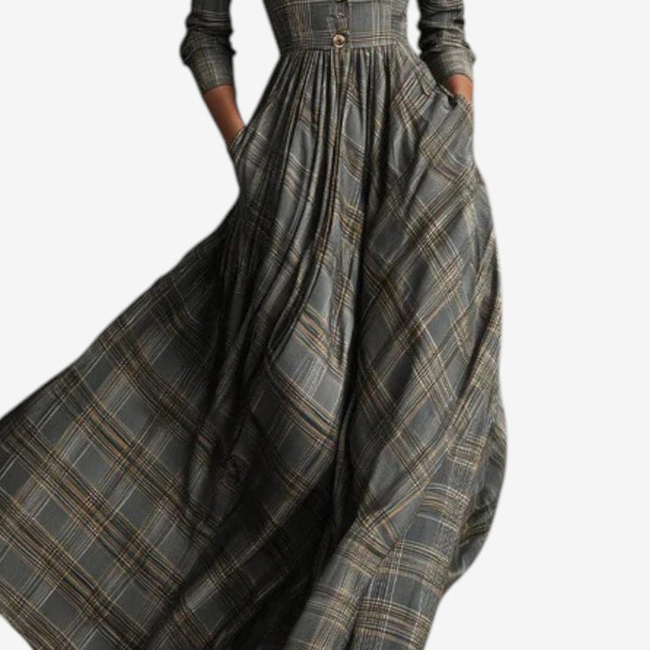 Laila Robe Chic Karos Kleid für Damen mit V-Ausschnitt und langen Ärmeln
