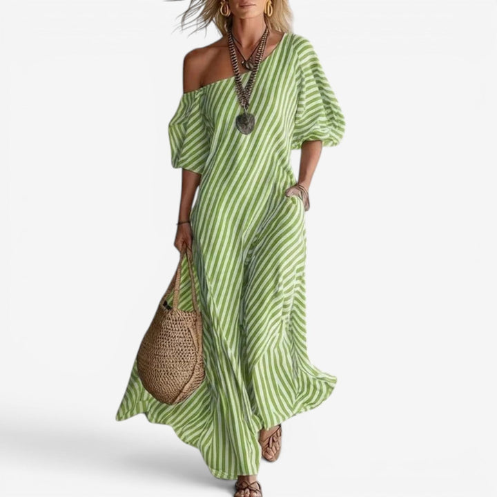 Sofia | Damen Streifen-Maxikleid mit Off-Shoulder-Ausschnitt