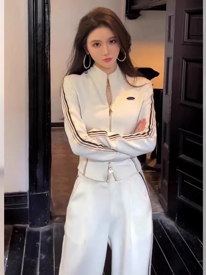 Weißes Zip-Up Set für Damen mit weitem Bein und Stehkragen
