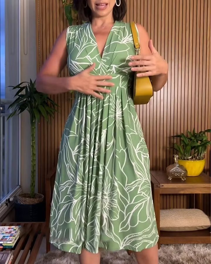 Damen Knielanges Kleid mit Blumenmuster und V-Ausschnitt, ärmellos