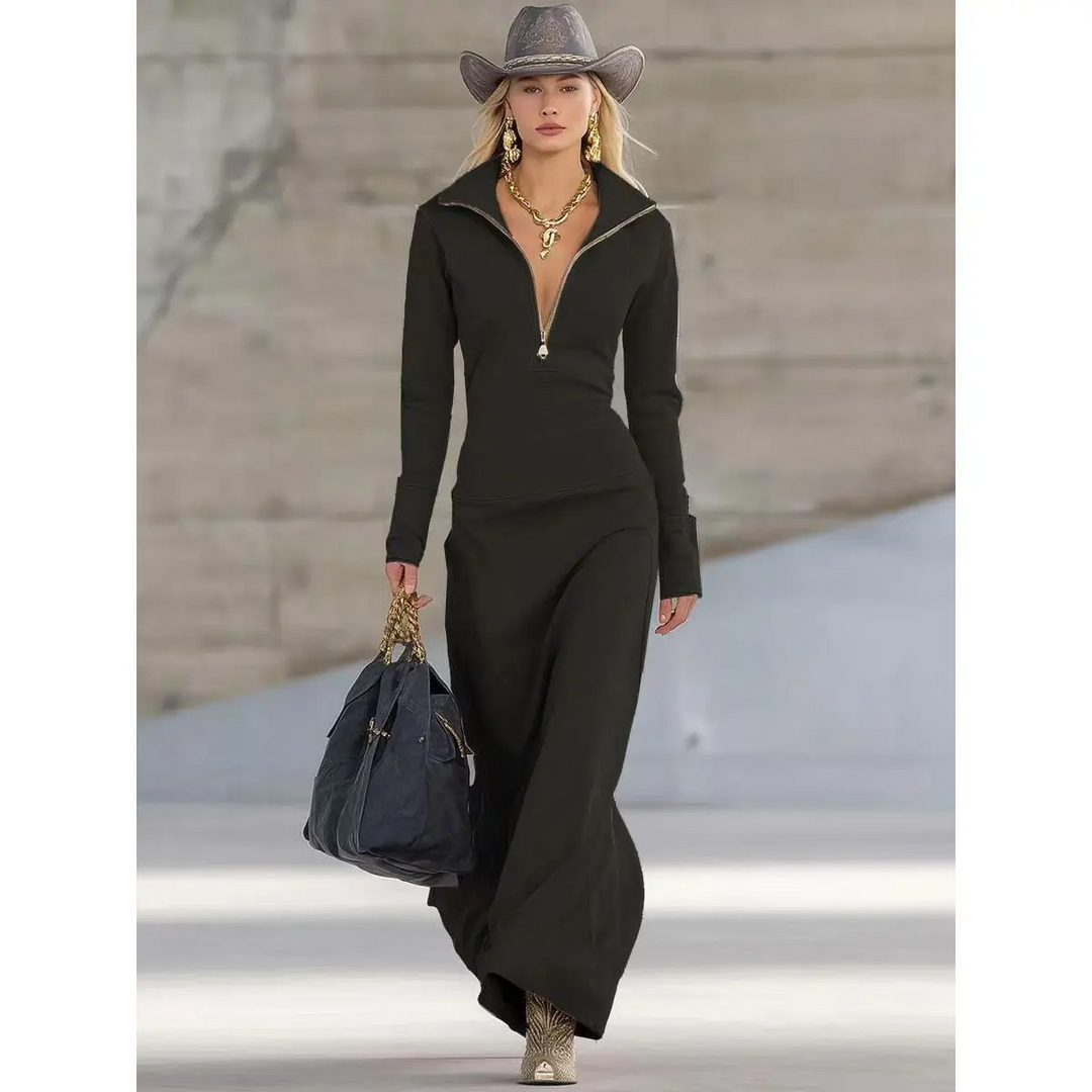 Lässiges Maxikleid für Damen mit schwarzem Rollkragen und Reißverschluss-Design