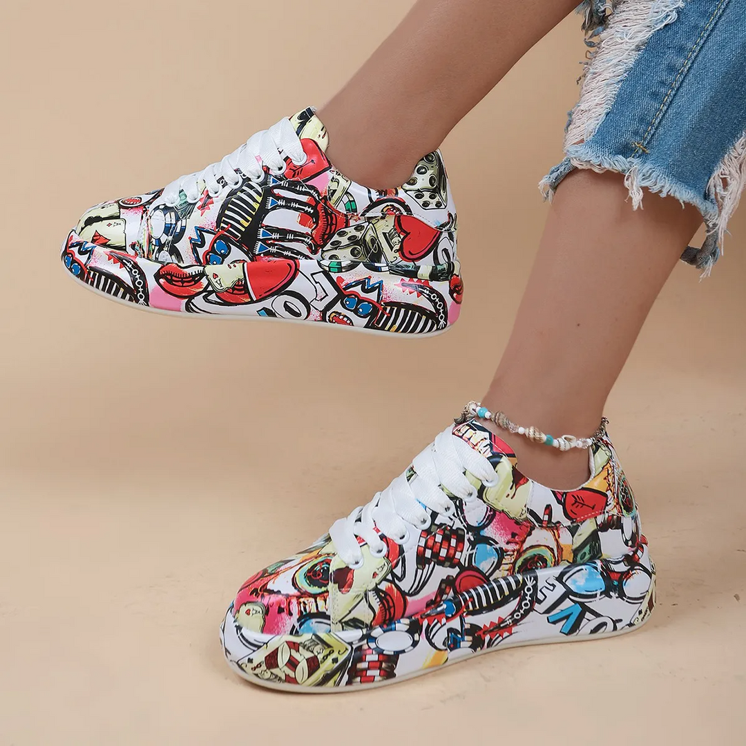 Mia | Damen Graffiti Druck Lage Turnschuhe mit niedrigem Absatz