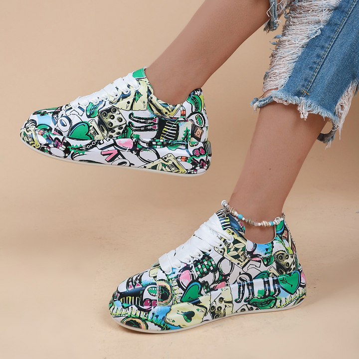 Mia | Damen Graffiti Druck Lage Turnschuhe mit niedrigem Absatz