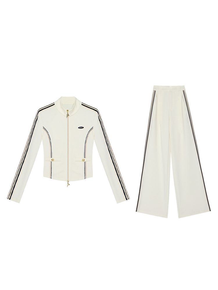 Weißes Zip-Up Set für Damen mit weitem Bein und Stehkragen