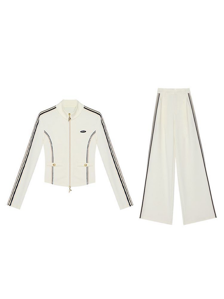 Weißes Zip-Up Set für Damen mit weitem Bein und Stehkragen