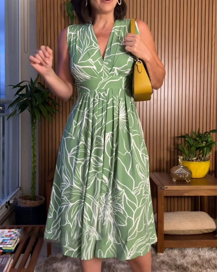 Damen Knielanges Kleid mit Blumenmuster und V-Ausschnitt, ärmellos