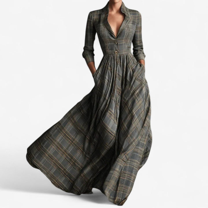 Laila Robe Chic Karos Kleid für Damen mit V-Ausschnitt und langen Ärmeln