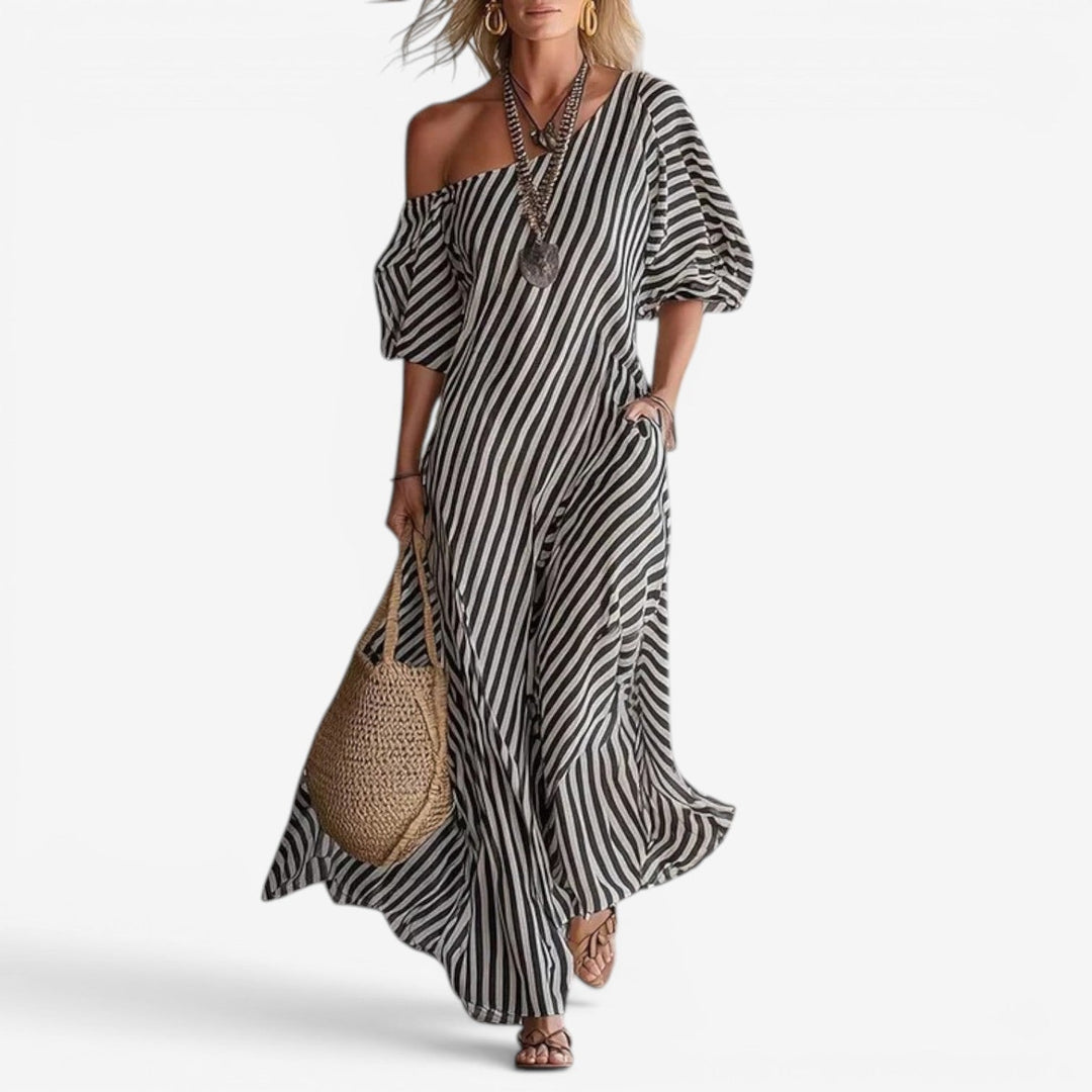Sofia | Damen Streifen-Maxikleid mit Off-Shoulder-Ausschnitt
