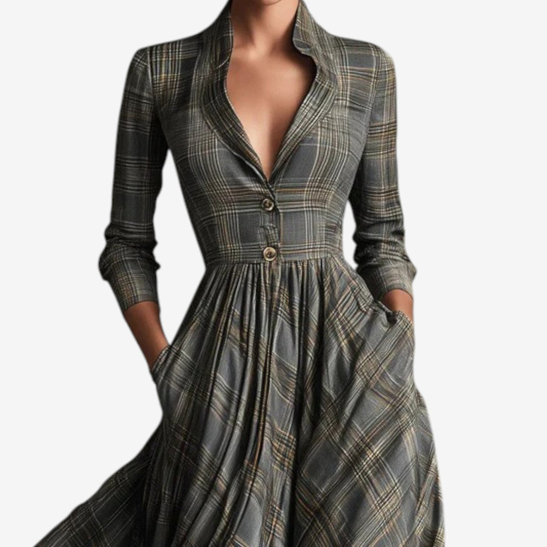 Laila Robe Chic Karos Kleid für Damen mit V-Ausschnitt und langen Ärmeln