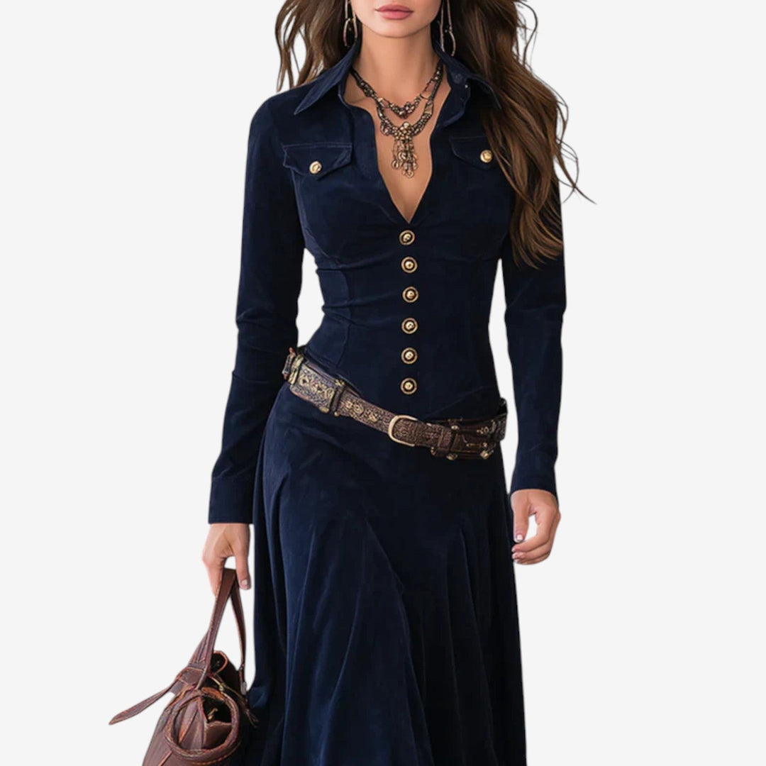 Felten Taillierte Robe Kleid für Damen mit V-Ausschnitt und langen Ärmeln