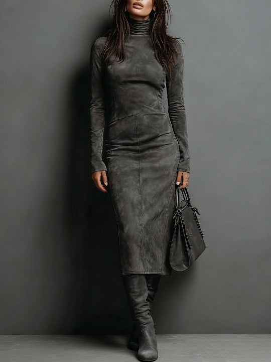 Mildred Chic Wildleder Maxi-Kleid für Damen mit Rollkragen und langen Ärmeln