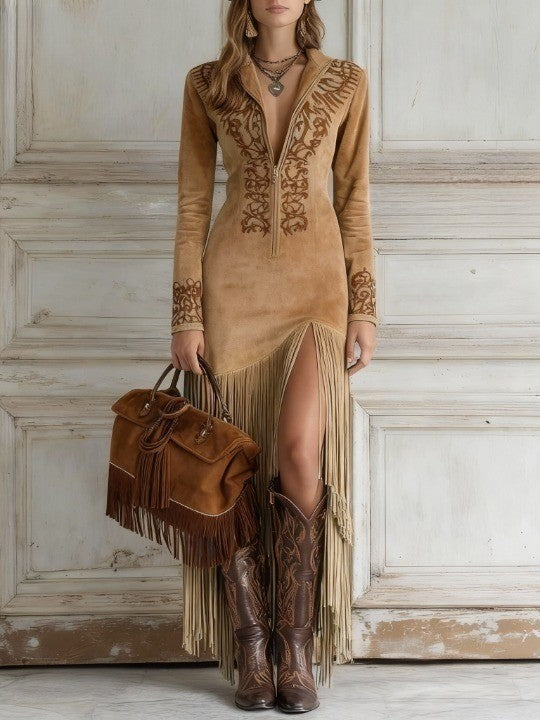 Ophelio Maxikleid im Western-Stil für Damen mit besticktem Kunstleder-Fransen und halbem Reißverschluss