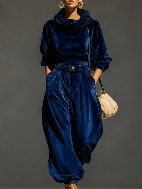 Retro Brauner Hoodie und Entspannte Hose Set (Gürtel Inklusive) für Damen