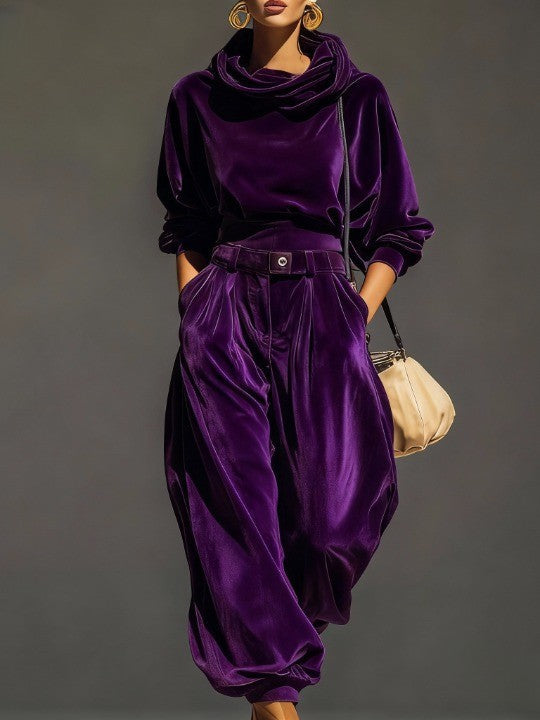 Retro Brauner Hoodie und Entspannte Hose Set (Gürtel Inklusive) für Damen