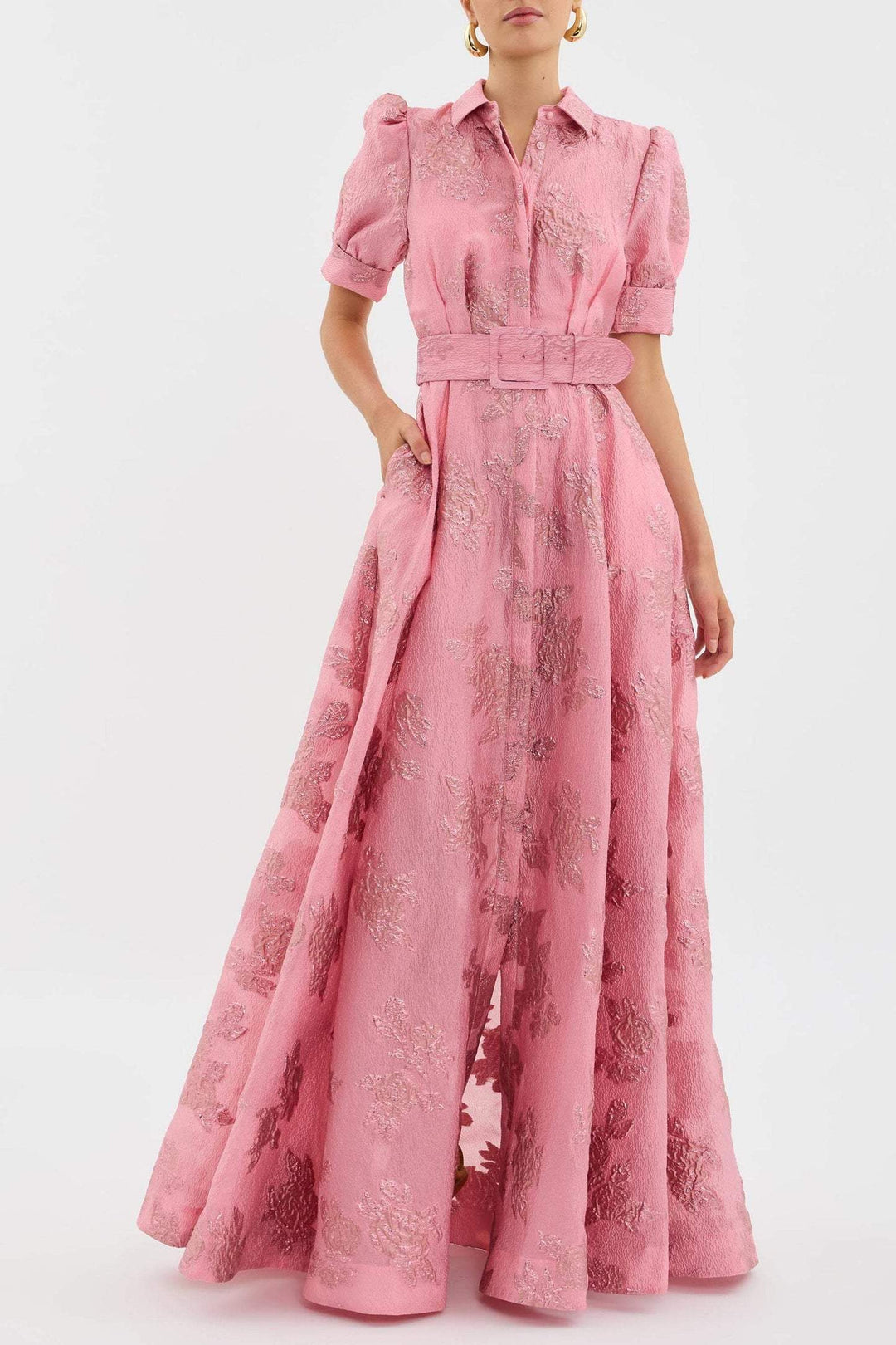 Aven | Retro-Pink Revers-Hochbundkleid für Damen mit Blumenmuster