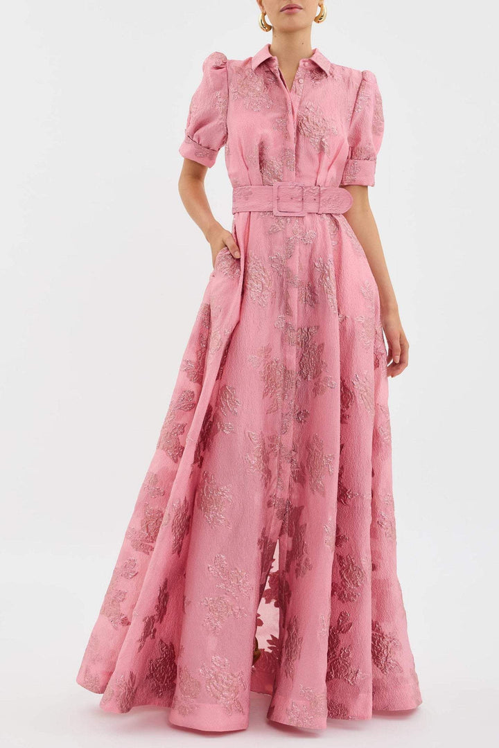 Aven | Retro-Pink Revers-Hochbundkleid für Damen mit Blumenmuster
