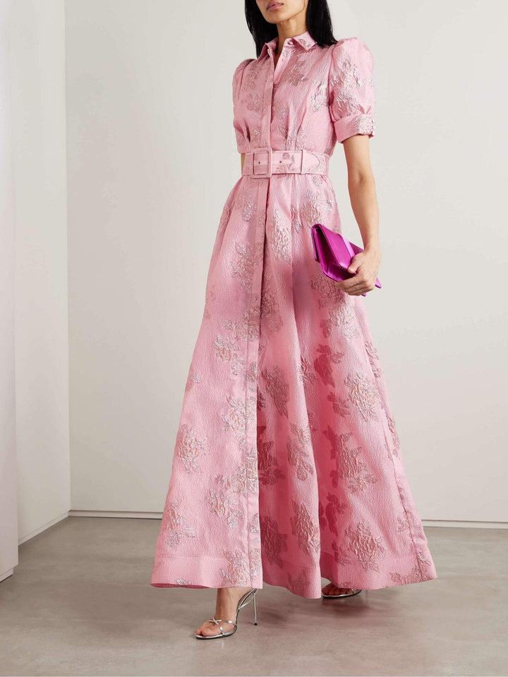 Aven | Retro-Pink Revers-Hochbundkleid für Damen mit Blumenmuster