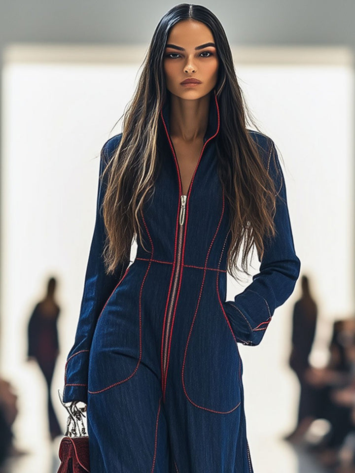 Nicole | Retro Roter Topstitch Denim Overall für Damen mit langen Ärmeln