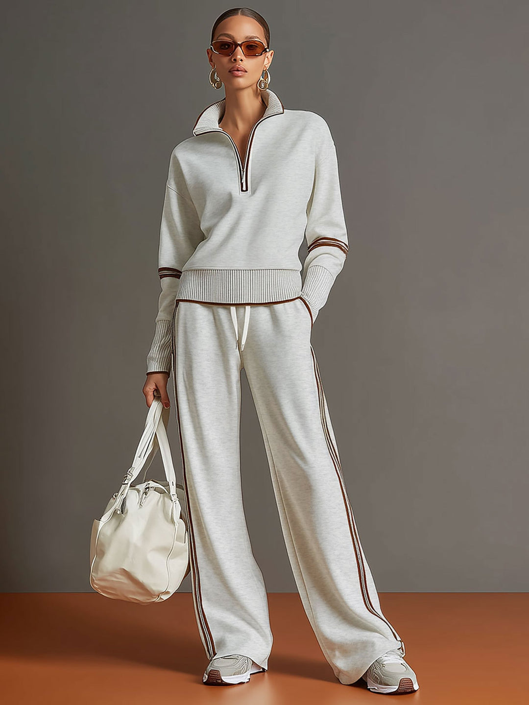 Vintage-inspirierter grauer und weißer Halbzip-Sweatshirt für Damen mit weitem Hosen-Set